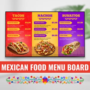 Tablero de menú digital 4K para restaurante mexicano - Plantilla de menú de TV editable - Diseño estático/animado compatible con USB para cafeterías, food trucks y bares