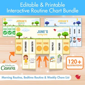 Tablas de rutinas matutinas y nocturnas • Lista de verificación editable • Rutinas matutinas personalizables para niños • Horario de dormir
