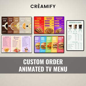 Tablero de menú de TV 4K personalizado para restaurantes, cafeterías y bares: diseño animado o estático totalmente personalizado por expertos, listo para usar.