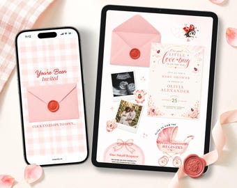 Baby Shower Little Love Bug Website Template, Pink  Ladybug Girl Invitation, RSVP (Digital Download)