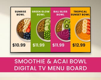 Puede incluir: Menú digital para una tienda de batidos y cuencos de acai. El menú presenta cuatro cuencos con diferentes ingredientes y precios: Sunrise Bowl 10,99 €, Green Glow Bowl 11,99 €, Bali Bliss Bowl 11,99 € y Tropical Sunset Bowl 12,99 €.
