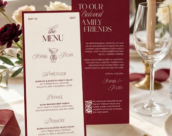 Elegant Burgundy Wedding Menu & Thank You Card, Editable Reception Menu Template
