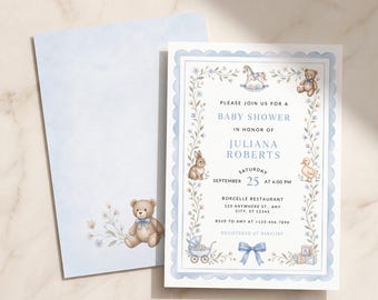Vintage Baby Boy Shower Invitation Template, Watercolor Teddy Bear & Classic Blue Editable Invite