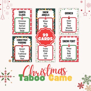 May include: A Christmas Taboo Game with 99 cards. Each card features a Christmas-themed word with related words to avoid. The cards have festive borders and include words like "Santa Claus," "Snow Angels," and "Grinch."