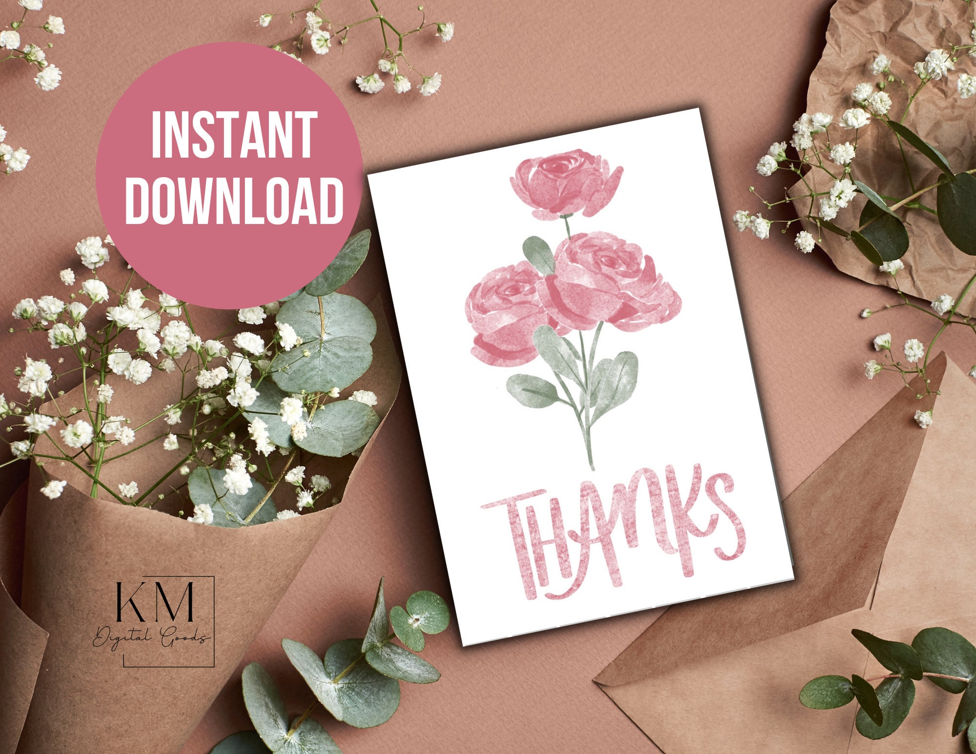Floral Thank You Card: Printable Greeting Card (5x7 PDF, JPEG) - Etsy
