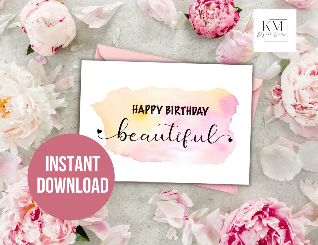 Printable Birthday Card, Pink Greeting Card, Digital Birthday Card ...