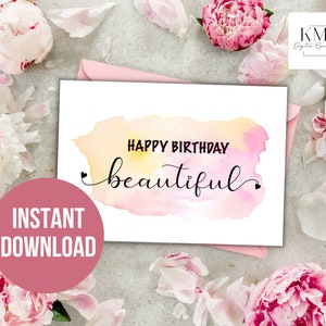 Printable Birthday Card, Pink Greeting Card, Digital Birthday Card, Happy Birthday Card, Instant Download, 5x7 Birthday Card, PDF, JPEG