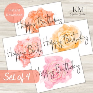 Happy Birthday Printable Greeting Card Digital Floral Birthday Card Instant Downloadable Card set of Four Gift for Her