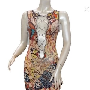 Jean Paul Gaultier Vintage Butterfly Print Lace Up Plunged Bodycon Maxi Dress