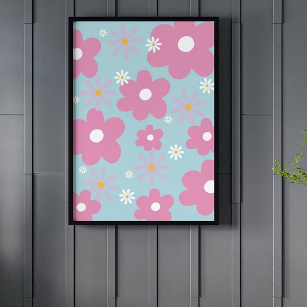 Pink Blue Flower Art | Digital Art Download | Cute Flower Printable Art | Teen Bedroom Decor | Dorm Room Wall Art