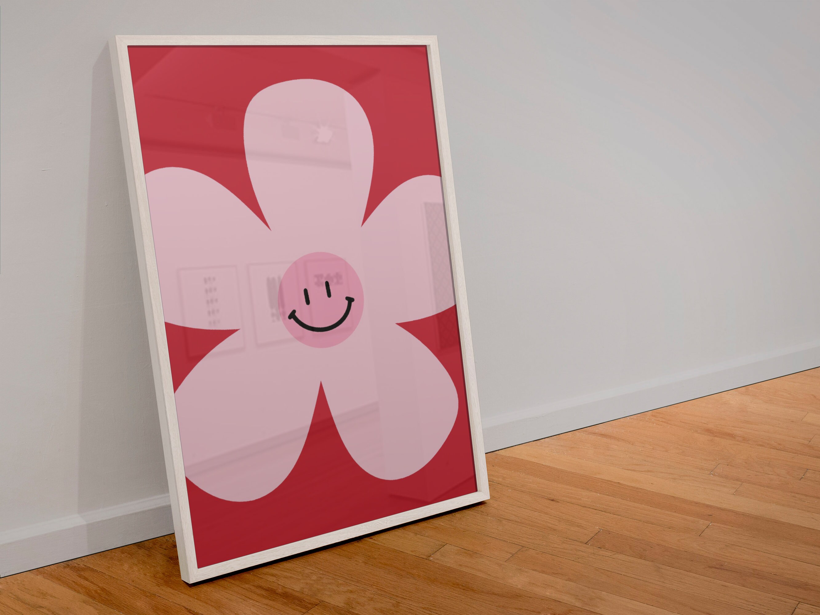 Flower Digital Download Art Smiley Face Printable Wall Art Pink Flower