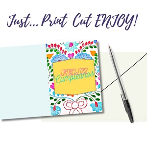 Mexican Puebla Print Feliz Cumpleanos birthday digital print, Printable Digital download stationary 5x7 folded note card