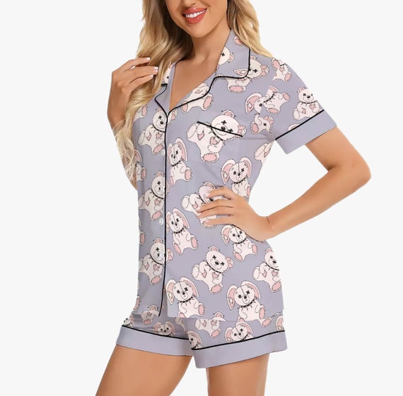 Pastel Kawaii Goth Teddy Bear Imitation Silk Pajama Set Pastel