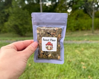 May include: A small, clear, resealable plastic pouch containing a mixture of dried botanical materials. A white square label on the front features the text Forest Floor in black letters above a colourful illustration of a red and white mushroom.