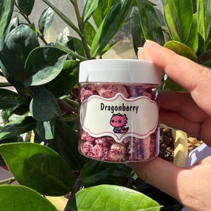 May include: A clear glass jar filled with pink and white candy. The jar has a white lid and a pink and white label that says "Dragonberry". A cartoon dragon is on the label.