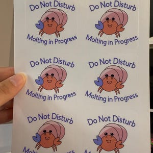 May include: Six white stickers with a cartoon hermit crab on each. The crab is pink and orange with blue claws. The text on each sticker reads "Do Not Disturb Molting in Progress".