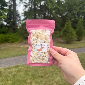 May include: A small pink resealable pouch containing white, textured popcorn-like snacks. A white rectangular label on the front features the text Coconut Shrimp in black font, accompanied by a small orange cartoon shrimp illustration.