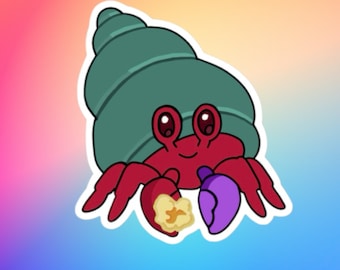 Popcorn Loving Hermit Crab Sticker - Hermit Crab Art - Glossy Vinyl Sticker - Laminated Decal