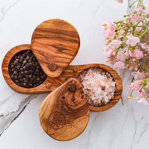 Olive wood salt & pepper cellar (6&quot;) with pivoting lid and compartment, Spice box, Wooden salt and pepper container, Wedding gift, Salt box