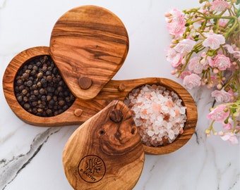 Olive wood salt & pepper cellar (6") with pivoting lid and compartment, Spice box, Wooden salt and pepper container, Wedding gift, Salt box