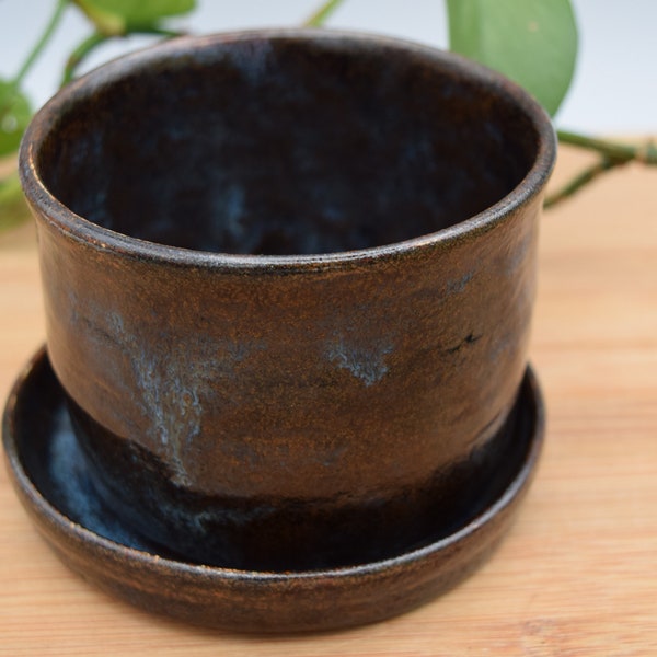 Small Rustic Brown and Blue Planter with Saucer | handmade pottery | organic stoneware | PL6