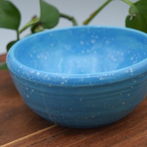 May include: A light blue ceramic bowl with a speckled white pattern. The bowl has a rounded shape and a smooth, glossy finish. The bowl is sitting on a wooden surface.