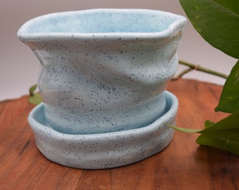 Light Blue Speckled Planter with Saucer | handmade pottery | organic stoneware | PL9