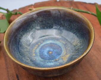 Brown, Blue and Goldish Sunburst Bowl | ceramic dish | handmade pottery | organic stoneware | S08