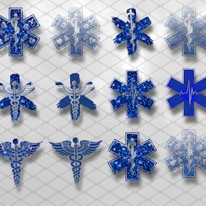 May include: A collection of twelve blue and silver medical symbols, including the Star of Life and the Caduceus. The designs vary, with some featuring glitter effects, heart shapes, and a heartbeat line. The symbols are arranged on a white, diamond-patterned background.