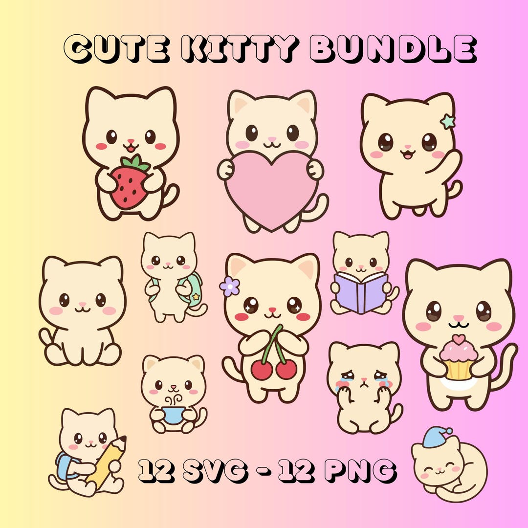 Kawaii Cat Clipart | Animal Friends PNG SVG Bundle | Kawaii Cat SVG ...