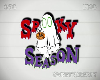 Spooky Season SVG PNG | Cute Ghost with Pumpkin Halloween Design | Funny Halloween Clipart for Cricut & Silhouette | Adorable Ghost PNG
