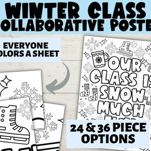 May include: Black and white printable winter classroom poster with the text "Our class is snow much" and a snowflake, a mug, a mitten, and a boot. The poster is available in 24 and 36 piece options.
