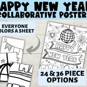 Peut inclure: Affiche collaborative de Nouvel An en noir et blanc imprimable avec une boule disco, des feux d'artifice et le texte "Happy New Year". L'affiche est divisée en 24 ou 36 pièces, chaque pièce représentant une section du design. Le texte "Tout le monde colore une feuille" est également inclus.