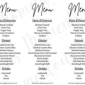 Szablon cyfrowy menu – 3 na stronę, 11" x 8 1/2" (poziomo), elegancki i nowoczesny, edytowalny i do natychmiastowego pobrania