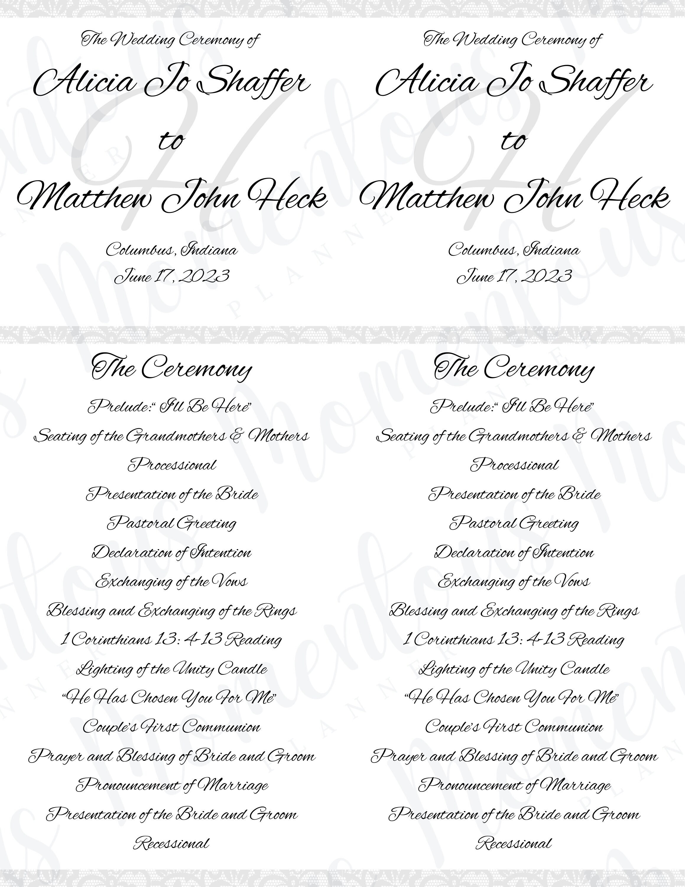 Wedding Ceremony Program Digital Template- 2 per Page, 11
