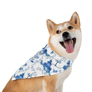 Pet Bandana Scarf – Chinoiserie Pagoda Toile Blue & White Design – Soft, Stretchy, Comfortable Material for Dogs