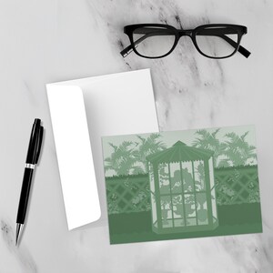 Conservatory Garden Stationery Set – Folded Cards & Envelopes with Botanical Garden, Greenhouse, Lattice, and Palm Tree Design