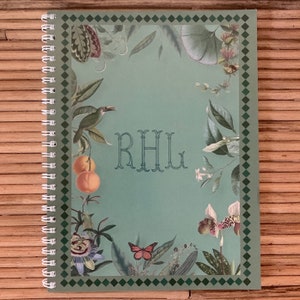 Spiral Journal – Custom Monogrammed Notebook with Lined College-Rule Pages – Vintage Illustrations of a Butterfly, Bird, Plants, and Flowers