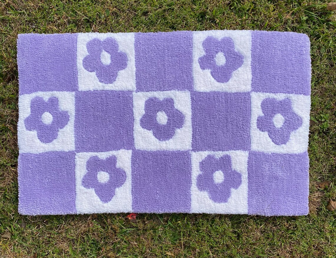 Tufted Check Rug Handmade Tufted Checkered Flower Rug Tufted Rug Home Décor Aesthetic ...