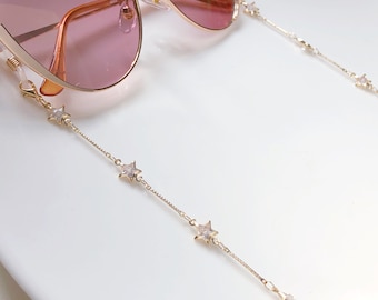 Dainty gold colour Zirconia star glasses chain, Delicate sunglasses chain, Travel essential gift for mother, Valentines Gift for her Lanyard
