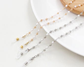 Gold Silver faux Pearl Bead Glasses Chain Holder. Filigree Round Ball Eyeglass Cord, Dainty Beaded Sunglasses Jewellery Gift