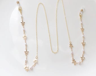 Gold Star Pearl Glasses Chain Holder. Delicate Hollow Star Eyeglass String Lanyard, Beaded Sunglasses Jewellery Gift, Spectacle Strap