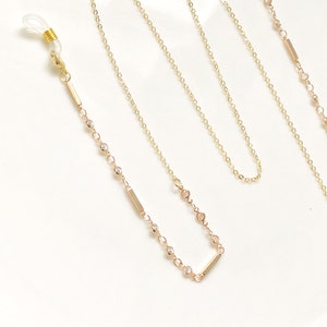 Gold Crystal Bar Glasses Chain Holder. Minimalist Tube Eyeglass Cord, Dainty Geometric Sunglasses Jewellery Gift, Spectacle Strap