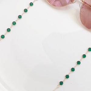 Gold Emerald Green Crystal Glasses Chain. Vintage Beaded Eyeglass Cord, Dainty Green Stone Sunglasses Jewellery Gift, Spectacle Strap