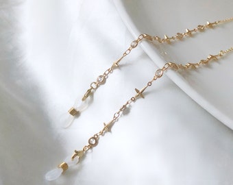 Gold Star Eyeglass Chain Geometric, Dainty Celestial Reading Glass Cord, Aesthetic Anti Lost Strap, Everyday Eye Chain Star Gift for Her