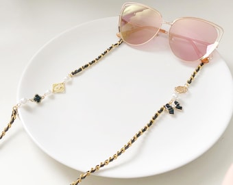 Black Gold Leather Clover Glasses Chain. Bow Charm Pearl Eyeglass String Lanyard, Woven Sunglasses Jewellery Gift, Spectacle Strap