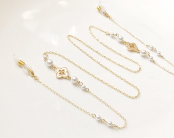 Glasses Chain Faux Pearl Clover, Eyeglass Holder Necklace Strap, Four Leaf Clover Spectacles Chain, Elegant Jewellery Gift For Her