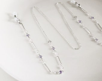 Silver Purple Crystal Eyeglass Chain Geometric, Dainty Amethyst Glass Reading Glass Cord, Aesthetic Anti Lost Strap, Everyday Eye Chain Gift
