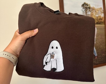 Embroidered Ghost Coffee Sweatshirt - Spooky Season Fall Crewneck