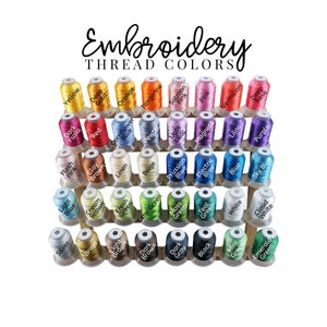 May include: A wooden rack with spools of embroidery thread in various colors, including yellow, orange, red, pink, blue, green, brown, gray, black, and white. The rack is labeled "Embroidery Thread Colors".